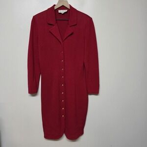 St John Collection Marie Gray Red Santana Knit Dress Jacket Sz 10 Gold Buttons